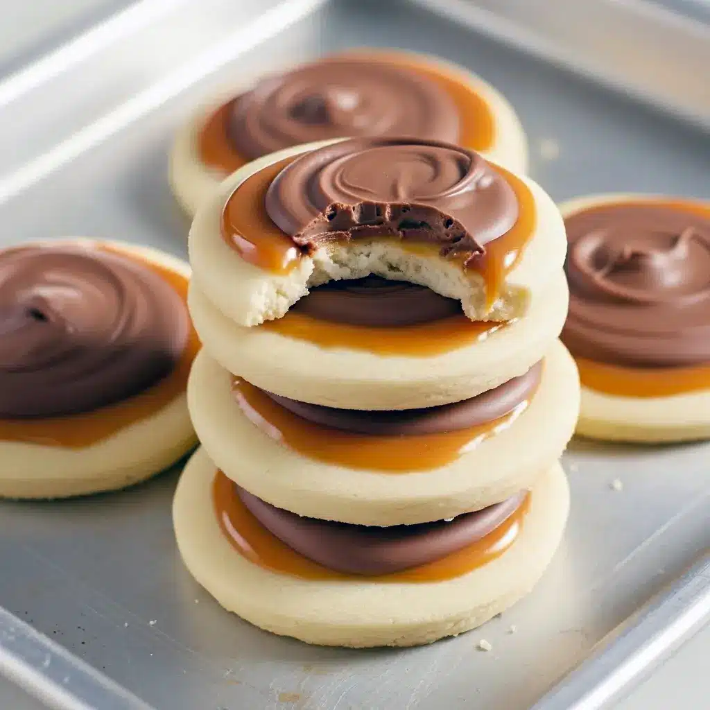 Close-up of Twix-inspired cookies with caramel oozing from a cracked center, chocolate pieces on top, and golden crisp edges, arranged on a festive plate, Twix Cookies for Christmas Dessert.