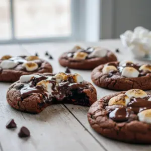 Warm, fudgy chocolate cookies topped with melted mini marshmallows and scattered chocolate chunks on a rustic board, Hot Chocolate Christmas Cookies.
