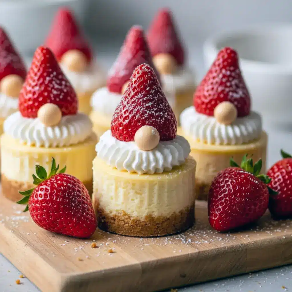 Close-up of a mini cheesecake decorated like a gnome with an upside-down strawberry hat, piped whipped-cream beard, tiny candy nose, and a dusting of powdered sugar, Cute Christmas Recipes.