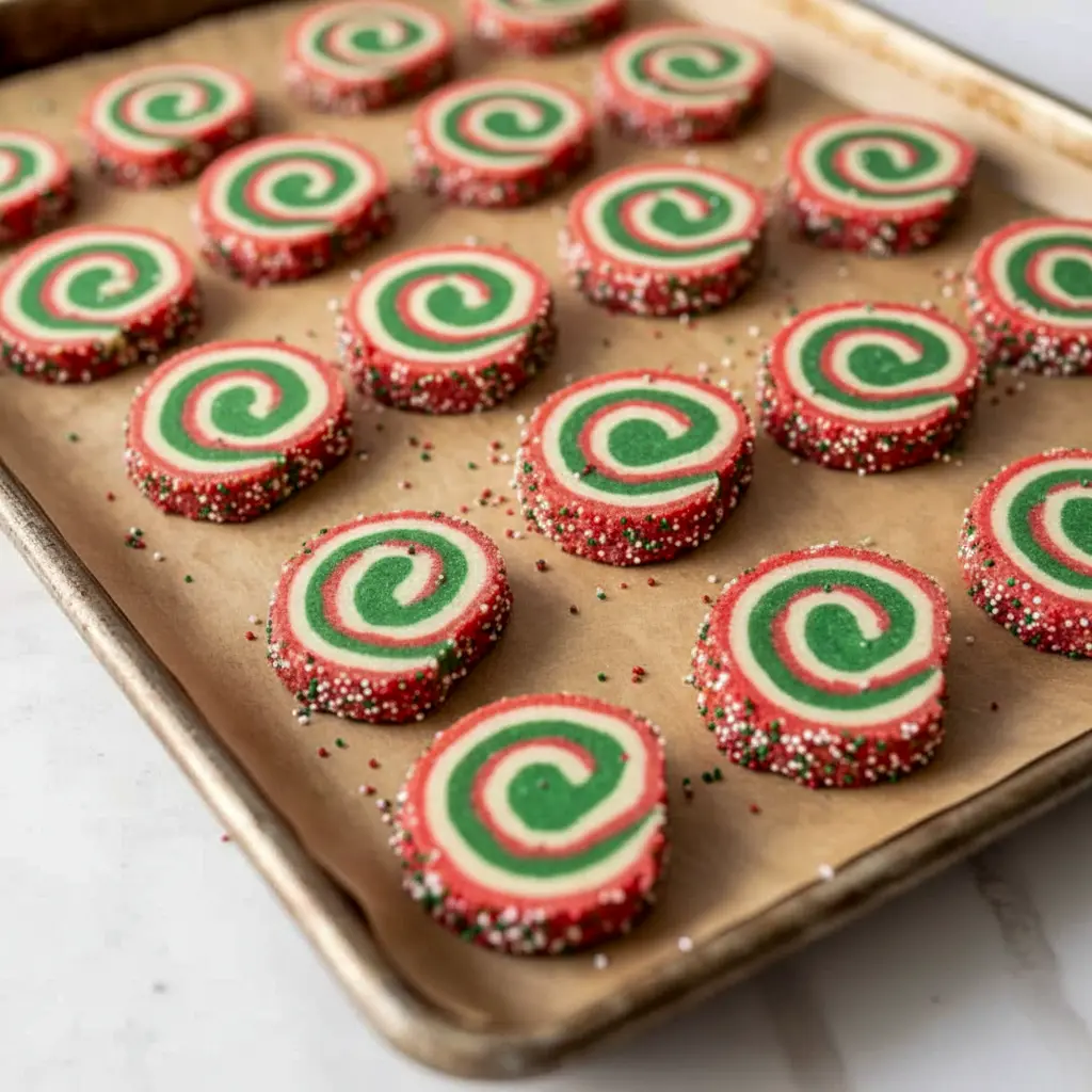 Close-up of red-and-green swirled pinwheel cookies stacked on a ceramic plate with holiday ribbon and sprinkles, Christmas Sweets.