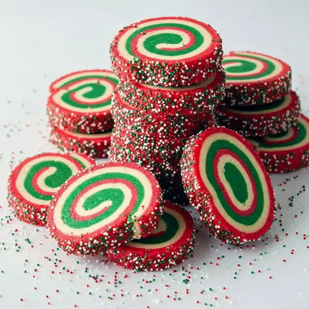 Close-up of red-and-green swirled pinwheel cookies stacked on a ceramic plate with holiday ribbon and sprinkles, Christmas Sweets.