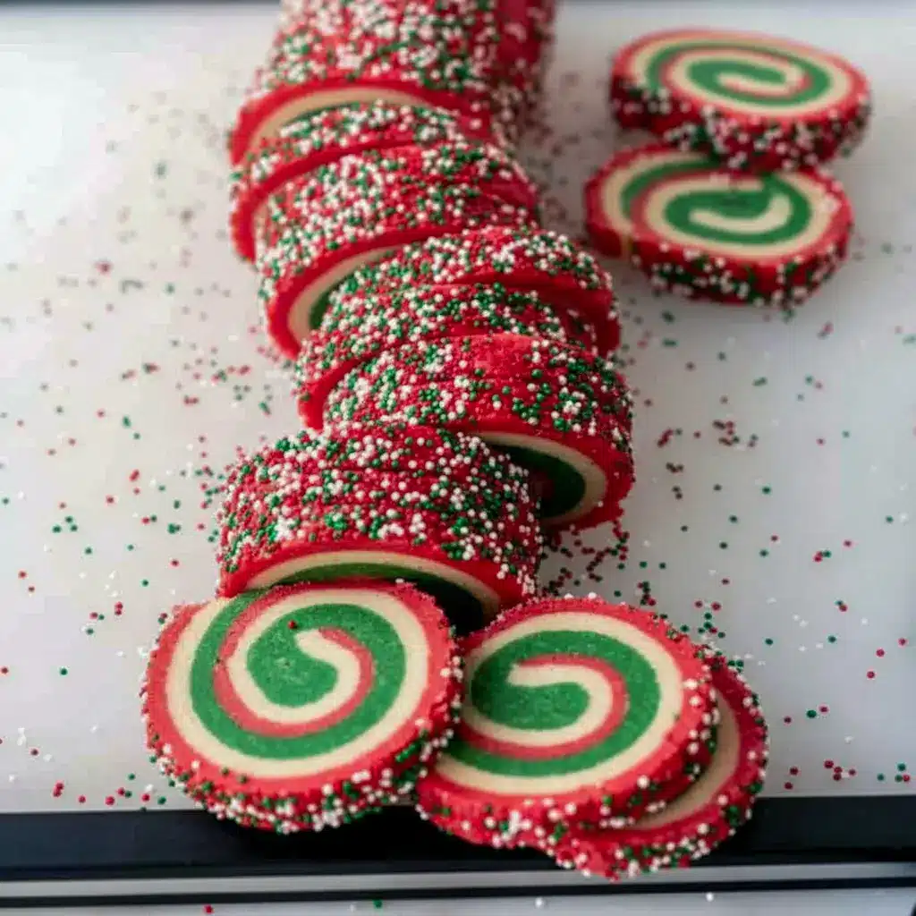 Close-up of red-and-green swirled pinwheel cookies stacked on a ceramic plate with holiday ribbon and sprinkles, Christmas Sweets.