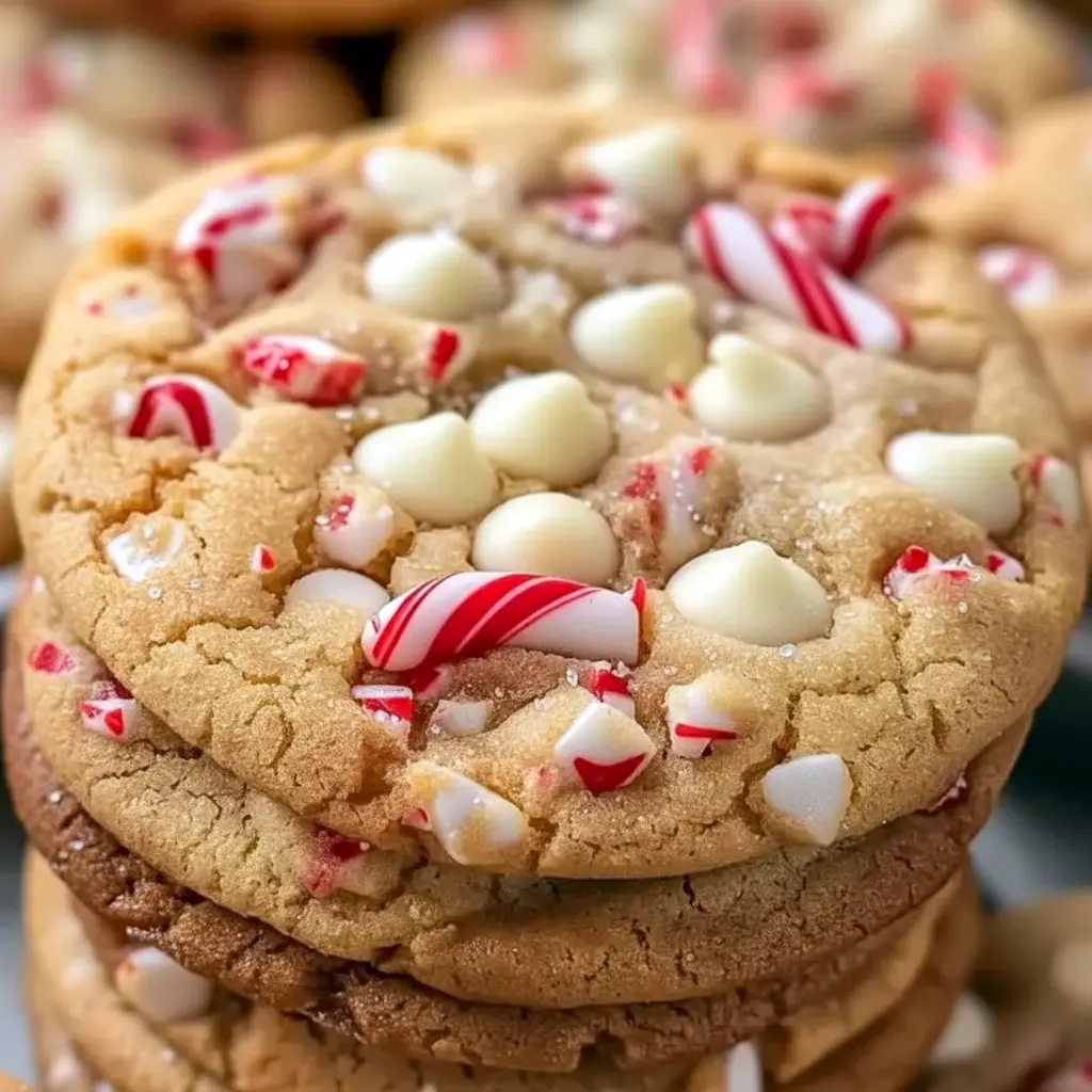Close-up of white chocolate cookies topped with crushed candy cane pieces and a light white chocolate drizzle, arranged on a festive platter, White Chocolate Christmas Treats.