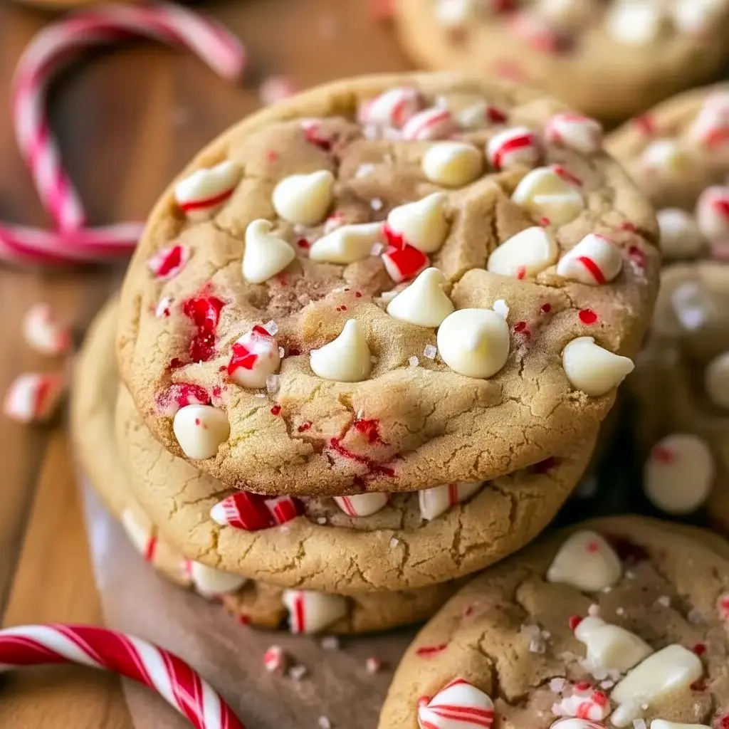 Close-up of white chocolate cookies topped with crushed candy cane pieces and a light white chocolate drizzle, arranged on a festive platter, White Chocolate Christmas Treats.