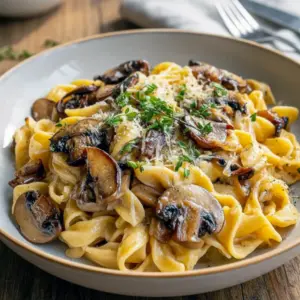 Close-up of creamy pasta tossed with caramelized leeks, golden mushrooms, and parsley on a white plate, Gruyere Pasta.