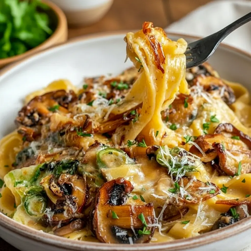 Close-up of creamy pasta tossed with caramelized leeks, golden mushrooms, and parsley on a white plate, Gruyere Pasta.