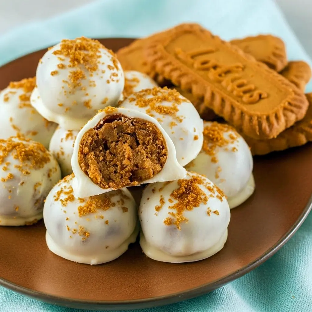 White-chocolate coated Biscoff truffles on a brown plate, one cut in half to show the spiced cookie center, Christmas Baking Recipes.