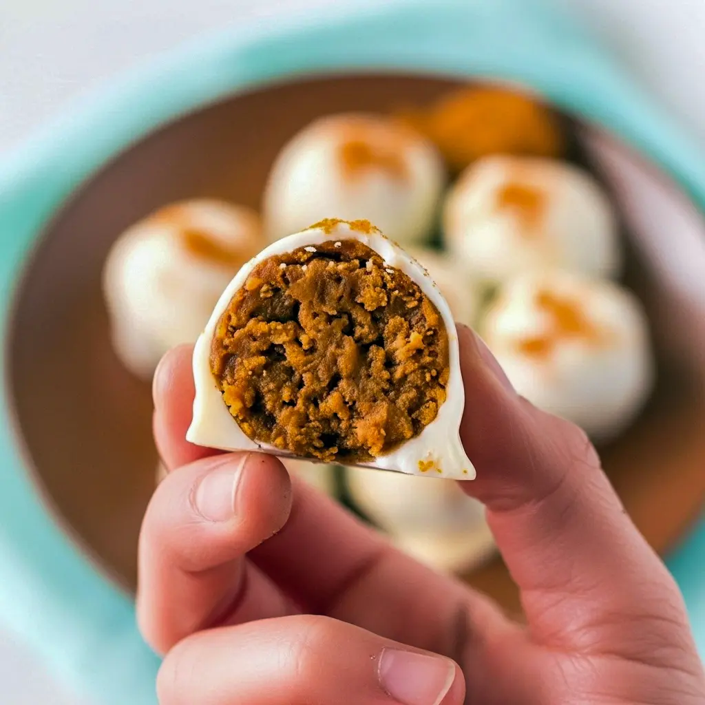 White-chocolate coated Biscoff truffles on a brown plate, one cut in half to show the spiced cookie center, Christmas Baking Recipes.