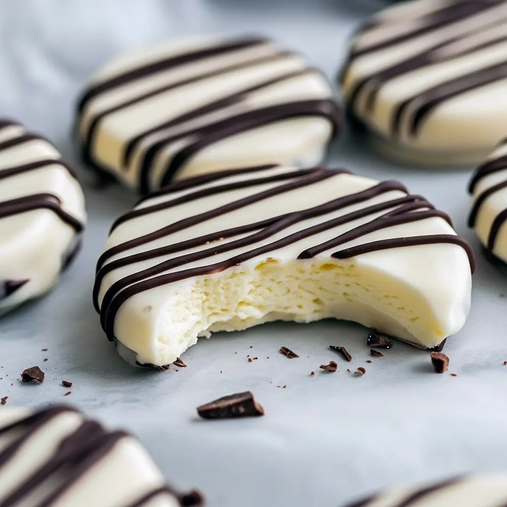 Close-up of round peppermint creams with glossy dark chocolate zig-zags on top, arranged on a festive plate with a light dusting of powdered sugar, Homemade Peppermint Treats.