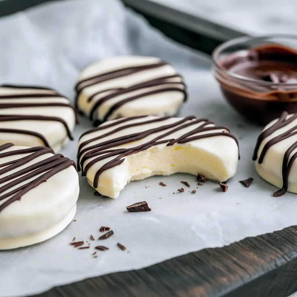 Close-up of round peppermint creams with glossy dark chocolate zig-zags on top, arranged on a festive plate with a light dusting of powdered sugar, Homemade Peppermint Treats.