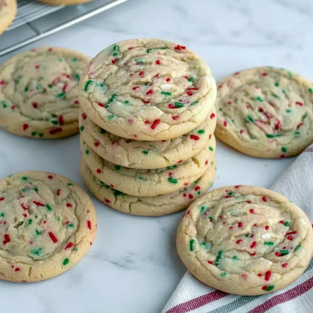Top-down of a stack of golden sugar cookies studded with colorful sprinkles, showing crisp edges and a chewy center on a festive plate, Christmas Baking Recipes.