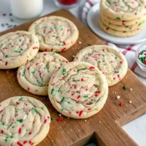 Top-down of a stack of golden sugar cookies studded with colorful sprinkles, showing crisp edges and a chewy center on a festive plate, Christmas Baking Recipes.