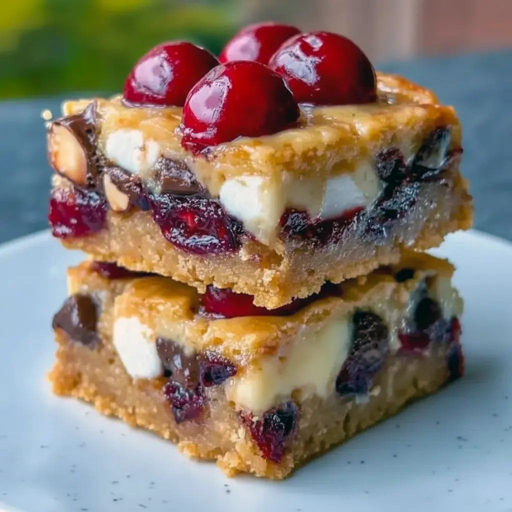 Stack of chocolate-marshmallow Christmas bars on a festive platter, sprinkled with crushed cranberries and powdered sugar, Christmas Sweet Treats.