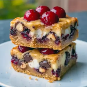 Stack of chocolate-marshmallow Christmas bars on a festive platter, sprinkled with crushed cranberries and powdered sugar, Christmas Sweet Treats.