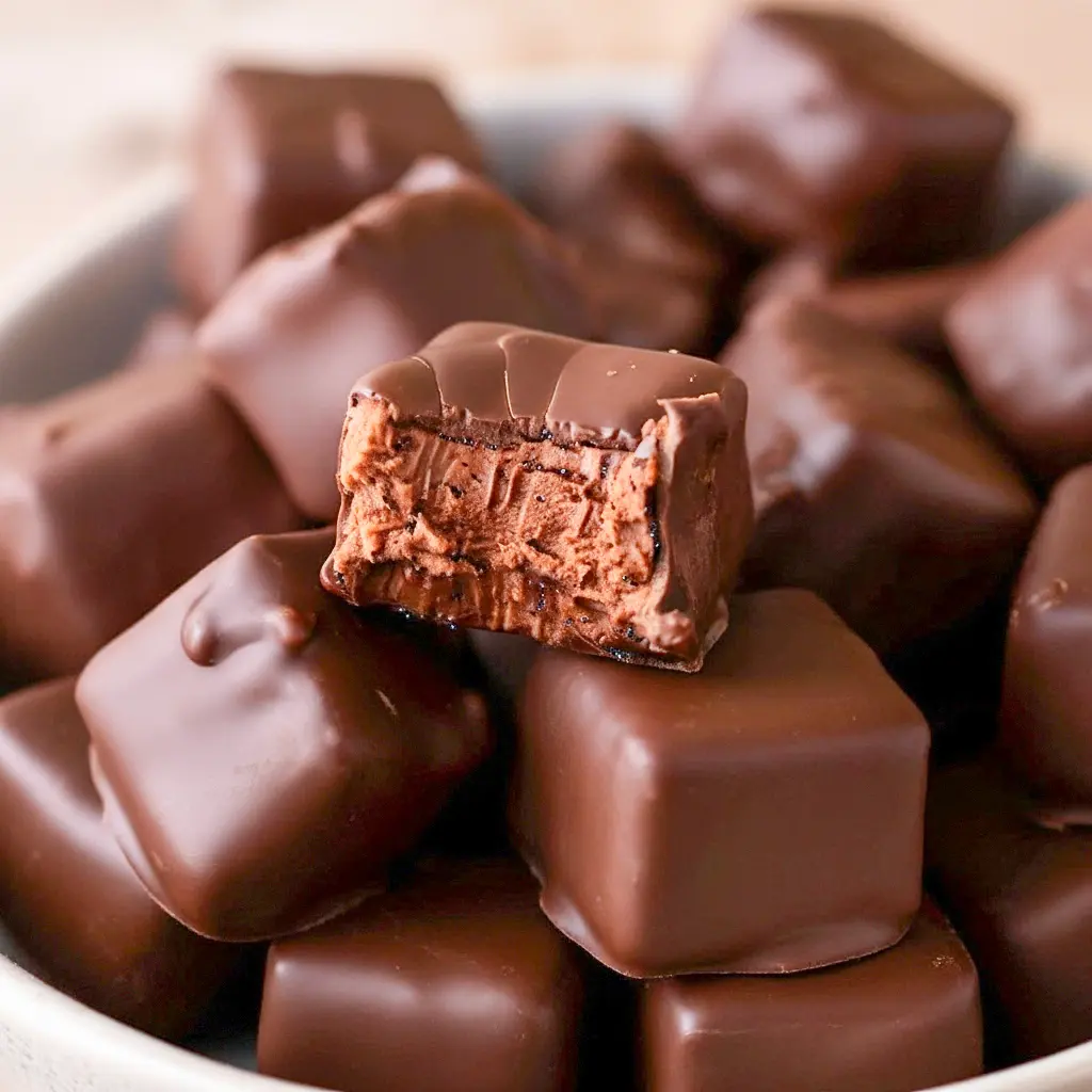 Close-up of chocolate-covered candy squares with a fluffy chocolate filling, sprinkled with crushed peppermint and arranged on parchment for gifting, Favorite Christmas Candy.
