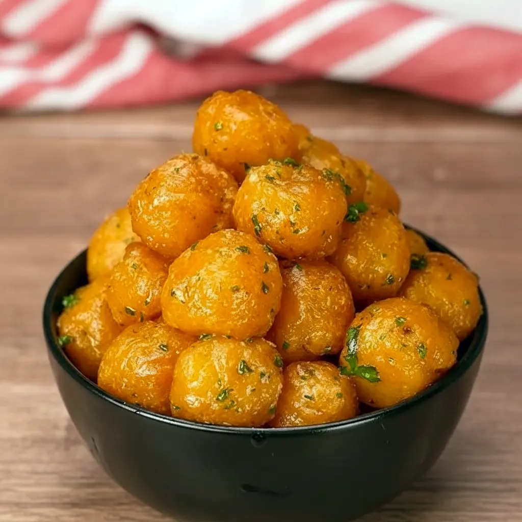 Close-up of golden garlic potato pops in a white bowl, glistening with melted butter and sprinkled with chopped parsley, ready to eat, Crispy Potato Snack Ideas.