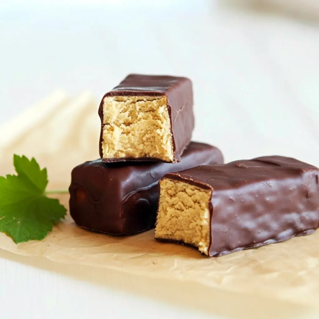 Greek Yogurt Protein Snack close-up: chocolate-coated peanut butter-yogurt bars on parchment, ideal Homemade Protein Snacks for meal prep, Healthy Sweet Protein Snacks.