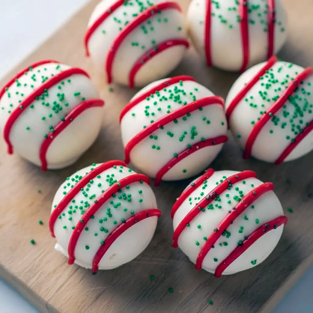 Must Have Christmas Desserts: close-up of white-chocolate coated Little Debbie cake truffles with green sanding sugar and red drizzle — festive Christmas Tree Truffles that make great Fun Holiday Treats To Make, feel like Christmas Bakery Desserts, and slot right into Party Desserts Christmas or any Desserts Holiday table; a clever, easy Christmas Food Desserts Easy take on classic Christmas Snack Cakes and a top Christmas Cooking Ideas Baking idea.