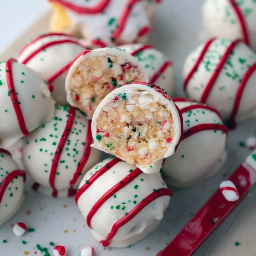 Must Have Christmas Desserts: close-up of white-chocolate coated Little Debbie cake truffles with green sanding sugar and red drizzle — festive Christmas Tree Truffles that make great Fun Holiday Treats To Make, feel like Christmas Bakery Desserts, and slot right into Party Desserts Christmas or any Desserts Holiday table; a clever, easy Christmas Food Desserts Easy take on classic Christmas Snack Cakes and a top Christmas Cooking Ideas Baking idea.