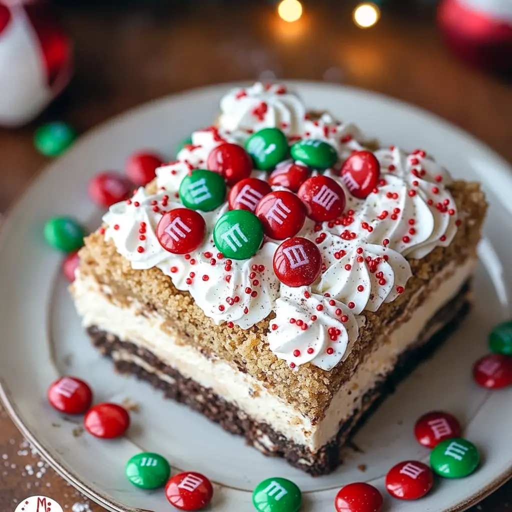 No-bake layered Oreo pudding dessert topped with colorful sprinkles and mini candies, Last Minute Christmas Desserts.