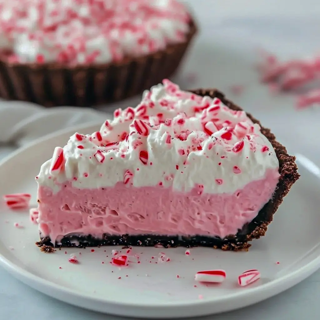 Slice of no-bake peppermint pie in a chocolate cookie crust, topped with whipped cream and crushed candy cane, on a festive holiday plate, Easy Baking Christmas.