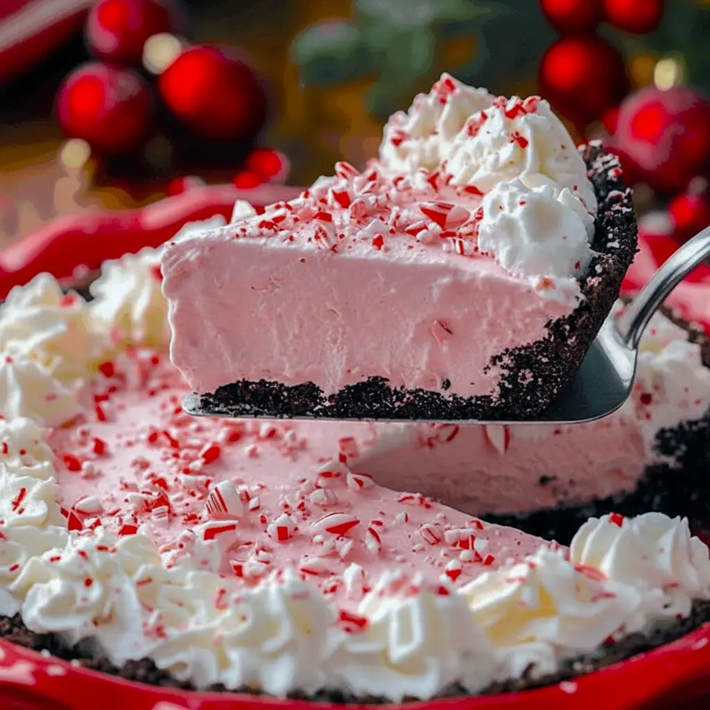 Slice of no-bake peppermint pie in a chocolate cookie crust, topped with whipped cream and crushed candy cane, on a festive holiday plate, Easy Baking Christmas.