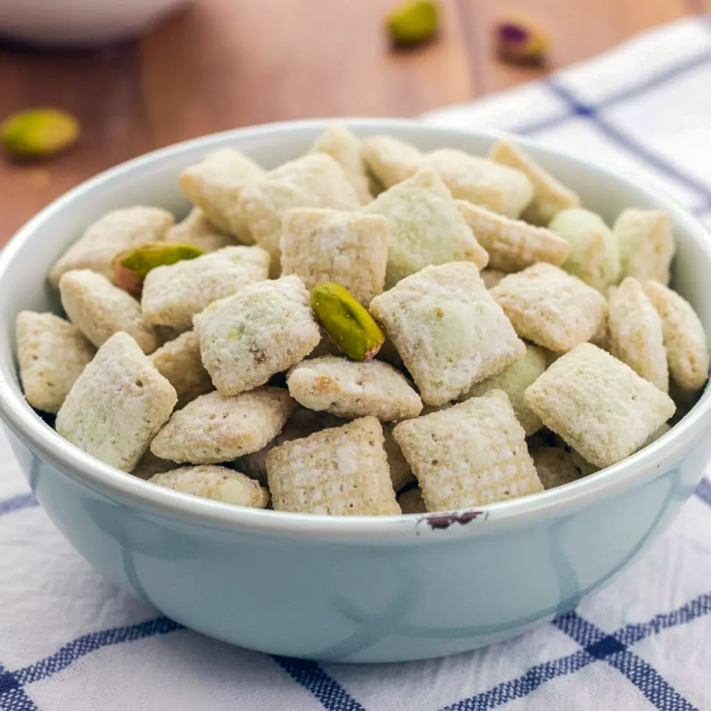 Overhead view of a sheet pan heaped with green-tinted pistachio puppy chow — powdered-sugar dusted Chex cereal, white chocolate coating, and chopped pistachios, Puppy Chow Treats.