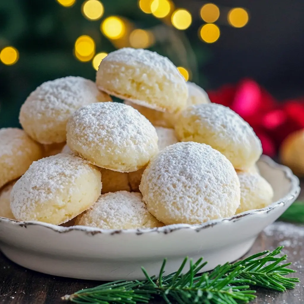 No-bake sweetened condensed milk snowballs rolled in shredded coconut and powdered sugar on a festive platter, Snowball Dessert Ideas.