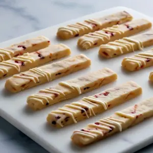 Buttery orange-cranberry shortbread sticks arranged on a festive plate, Holiday Treat Ideas.