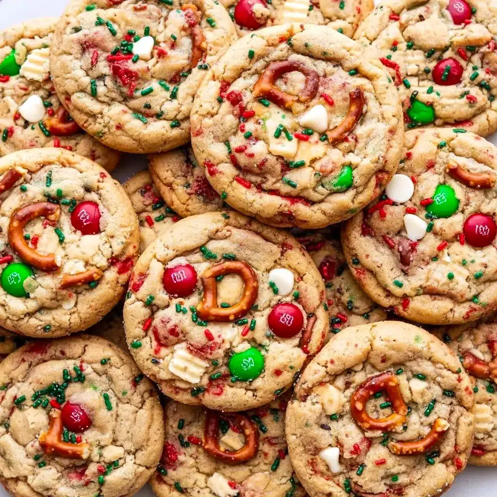 Close-up of chewy, loaded Christmas cookies on parchment — studded with pretzel pieces, crushed potato chips, M&amp;M’s, white chocolate chips, and red-and-green sprinkles, Christmas Kitchen Sink Cookies.