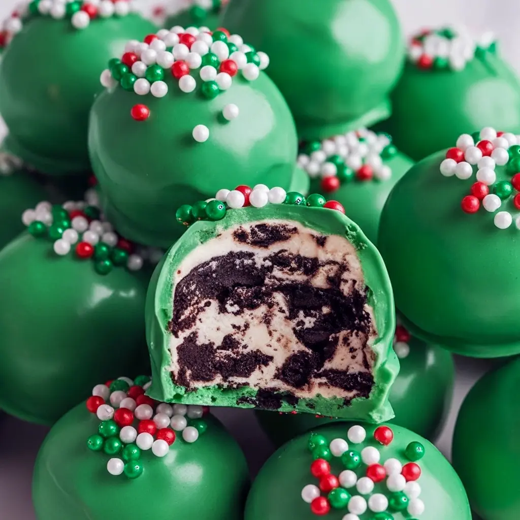 Close-up of glossy green truffles coated in candy melts with festive sprinkles; one truffle is cut open to reveal a creamy chocolate-cookie center, Christmas Truffles.