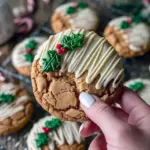Plate of half-dipped White Chocolate Christmas Cookies with holly sprinkles, ideal for Christmas Themed Baking, Christmas Cinnamon Cookies.
