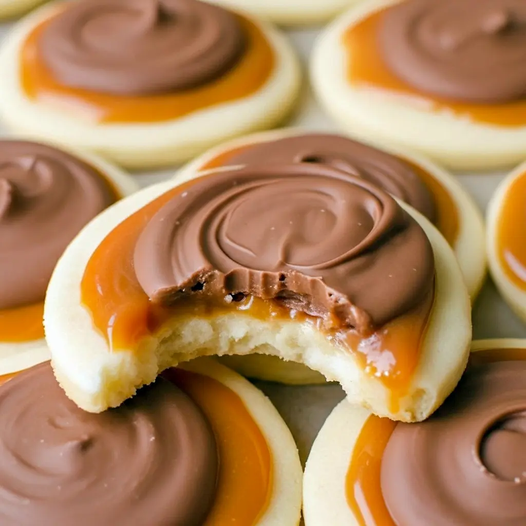 Close-up of a golden sugar cookie cup topped with creamy caramel and a glossy milk chocolate layer, Twix Cookies.