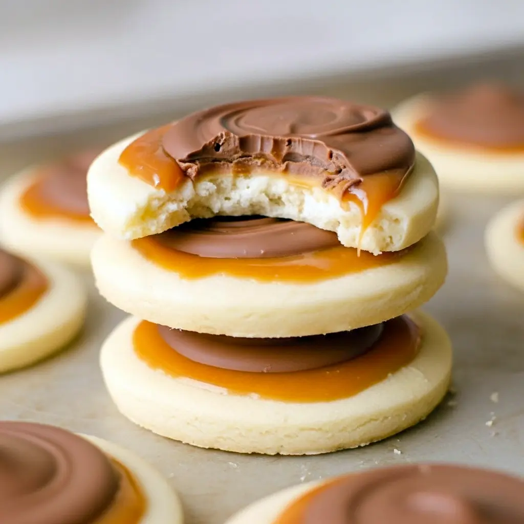 Close-up of a golden sugar cookie cup topped with creamy caramel and a glossy milk chocolate layer, Twix Cookies.