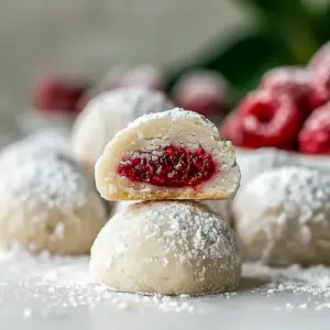 Close-up of raspberry almond snowball cookies dusted in powdered sugar, one split to reveal a jammy raspberry center on parchment paper, Must Make Christmas Cookies.