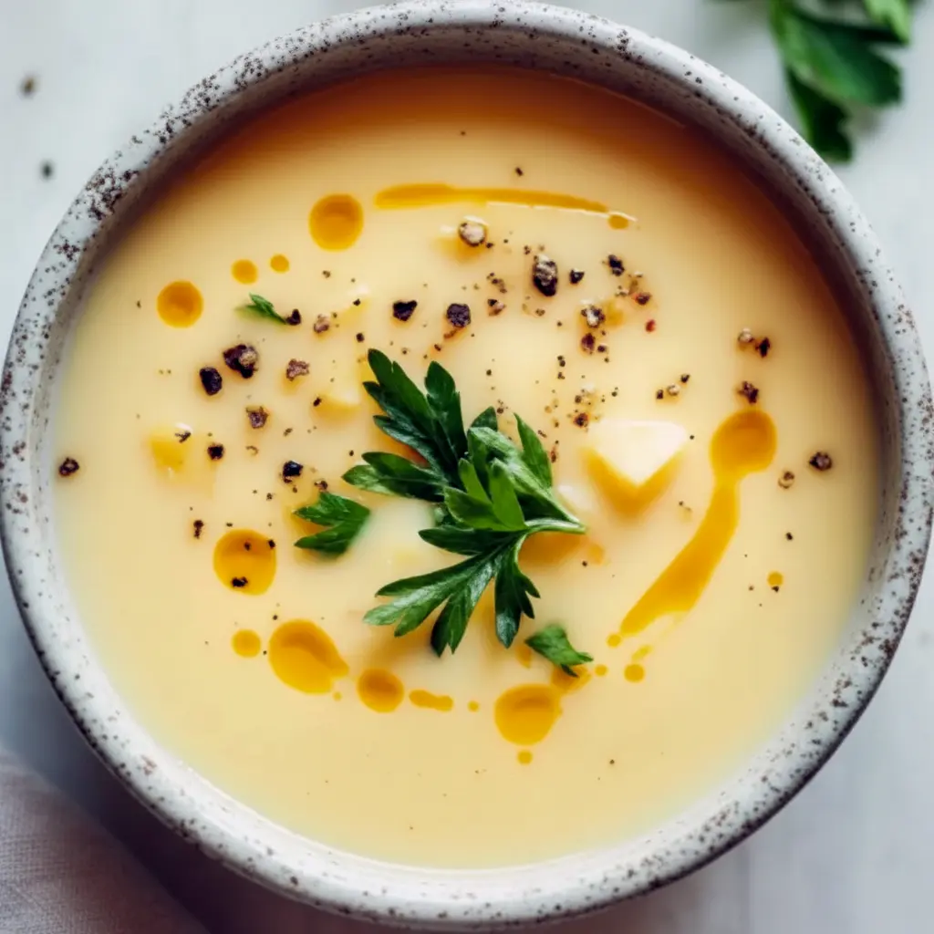 Close-up of a creamy, golden bowl of soup garnished with melted cheese and a sprig of thyme, served with crusty bread for a cozy fall meal, Cheddar Apple Soup.