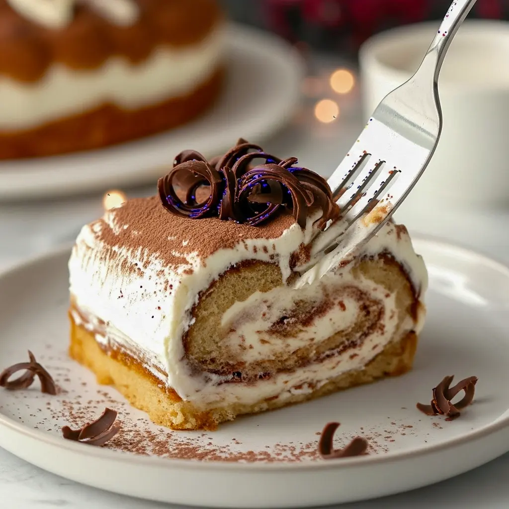 Yule Log Dessert: sliced tiramisu log filled with mascarpone cream and dusted with cocoa, elegant holiday centerpiece, Christmas Holiday Desserts.