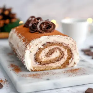 Yule Log Dessert: sliced tiramisu log filled with mascarpone cream and dusted with cocoa, elegant holiday centerpiece, Christmas Holiday Desserts.