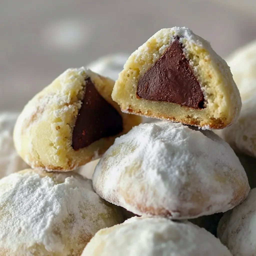 Close-up of powdered shortbread balls hugging a chocolate center — great for Cupcake Cookies Decorated Ideas, a simple Secret Kiss Cookie Recipe, a visual guide on How To Make Secret Kiss Cookies, and a tasty example of Hershey Kisses Cookies, Christmas Cookies With Hershey Kisses.