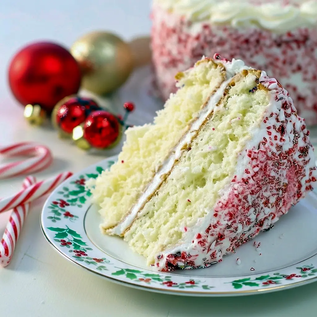 Slice of peppermint layer cake with white buttercream, crushed candy-cane rim, and a sprig of evergreen on a festive plate, Peppermint Cake.