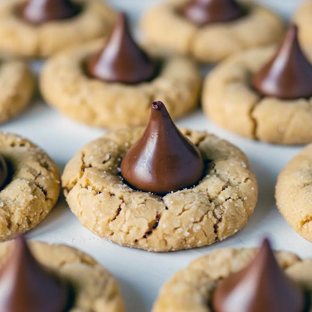 Golden peanut butter cookies rolled in sugar, each topped with a glossy milk chocolate kiss and stacked on parchment, Easy Peanut Butter Blossoms.