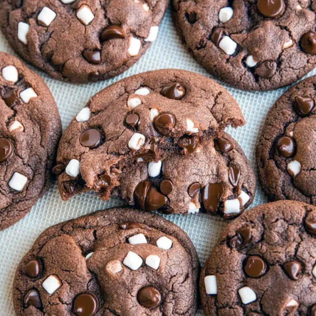 Close-up of hot chocolate cookies with mini marshmallows — ideal Baked Goods Christmas gift and one of the most Yummy Christmas Desserts, Cookies For The Holidays.