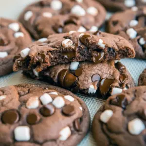 Close-up of hot chocolate cookies with mini marshmallows — ideal Baked Goods Christmas gift and one of the most Yummy Christmas Desserts, Cookies For The Holidays.
