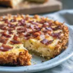 Top-down shot of a golden hashbrown-crusted quiche wedge on a plate with melted cheddar and bacon — a rustic take on a Cheese Onion Quiche, as approachable as a Mushroom And Onion Quiche, with the comfort of a Pioneer Woman Brie And Broccoli Quiche, styled to evoke an herb-forward Herb-filled Quiche Recipe, Bacon And Cheese Quiche.
