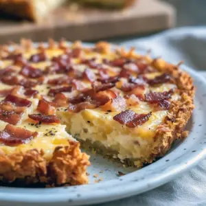 Top-down shot of a golden hashbrown-crusted quiche wedge on a plate with melted cheddar and bacon — a rustic take on a Cheese Onion Quiche, as approachable as a Mushroom And Onion Quiche, with the comfort of a Pioneer Woman Brie And Broccoli Quiche, styled to evoke an herb-forward Herb-filled Quiche Recipe, Bacon And Cheese Quiche.