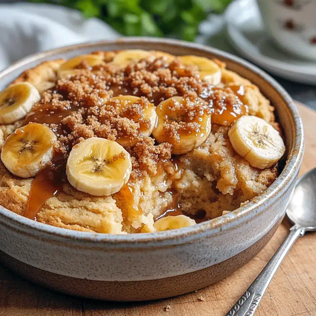 Close-up of a bubbling cobbler with caramelized banana slices under a golden biscuit topping, drizzled with caramel and a scoop of melting vanilla ice cream, Bananas Foster.