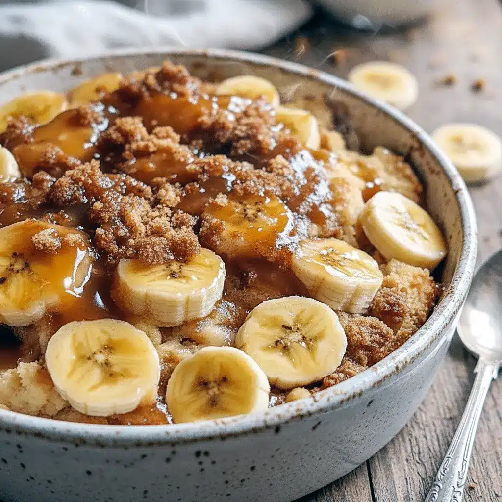Close-up of a bubbling cobbler with caramelized banana slices under a golden biscuit topping, drizzled with caramel and a scoop of melting vanilla ice cream, Bananas Foster.