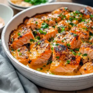 Close-up of a glazed Bang Bang Salmon fillet drizzled with spicy cream sauce, sprinkled with sesame seeds and green onions, served with rice — a hearty Fish Dinner, elegant Salmon Dishes, and a smart Recette Santé option, Salmon Recipes Baked Healthy.