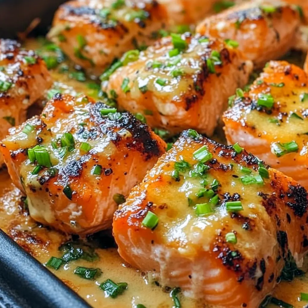 Close-up of a glazed Bang Bang Salmon fillet drizzled with spicy cream sauce, sprinkled with sesame seeds and green onions, served with rice — a hearty Fish Dinner, elegant Salmon Dishes, and a smart Recette Santé option, Salmon Recipes Baked Healthy.