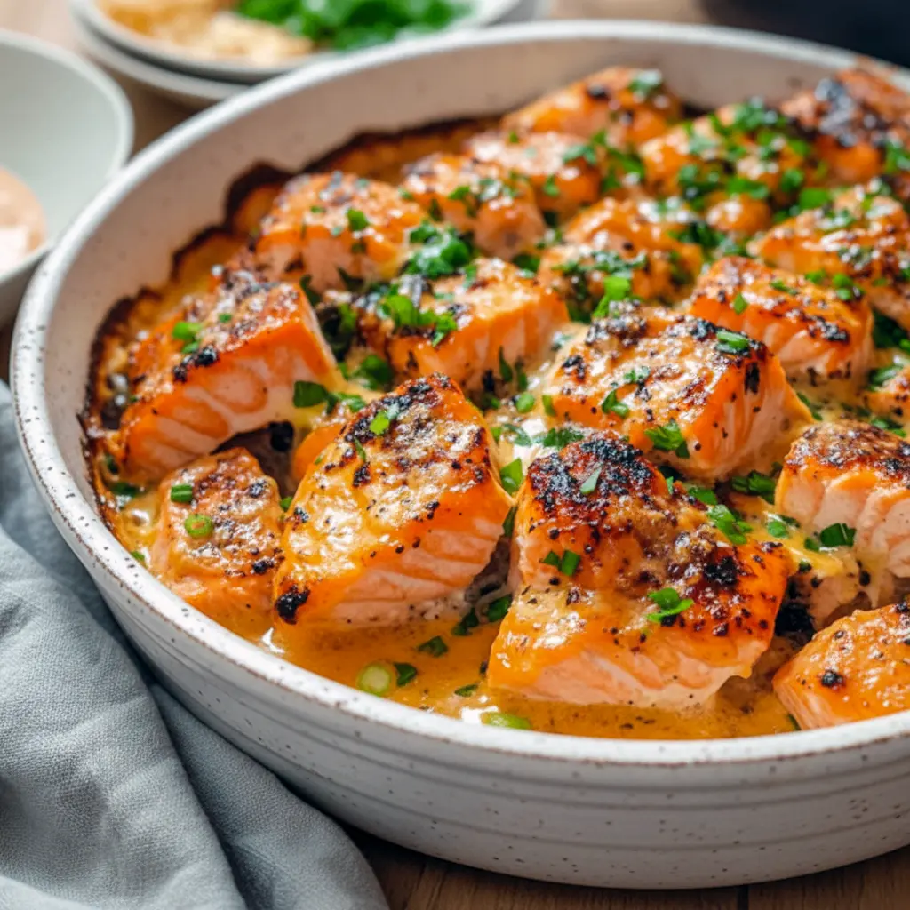 Close-up of a glazed Bang Bang Salmon fillet drizzled with spicy cream sauce, sprinkled with sesame seeds and green onions, served with rice — a hearty Fish Dinner, elegant Salmon Dishes, and a smart Recette Santé option, Salmon Recipes Baked Healthy.